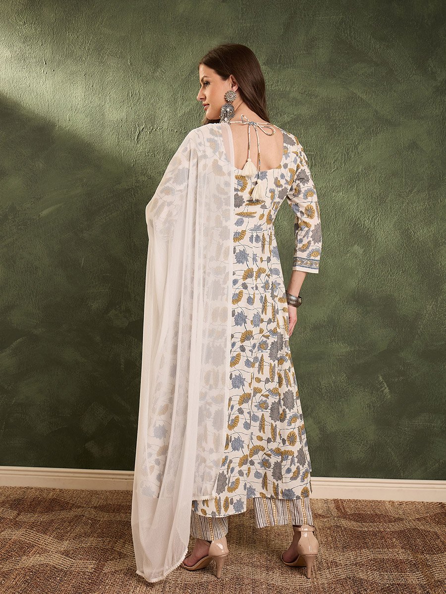 Women Off White Floral Anarkali Kurta with Pants and Dupatta Set