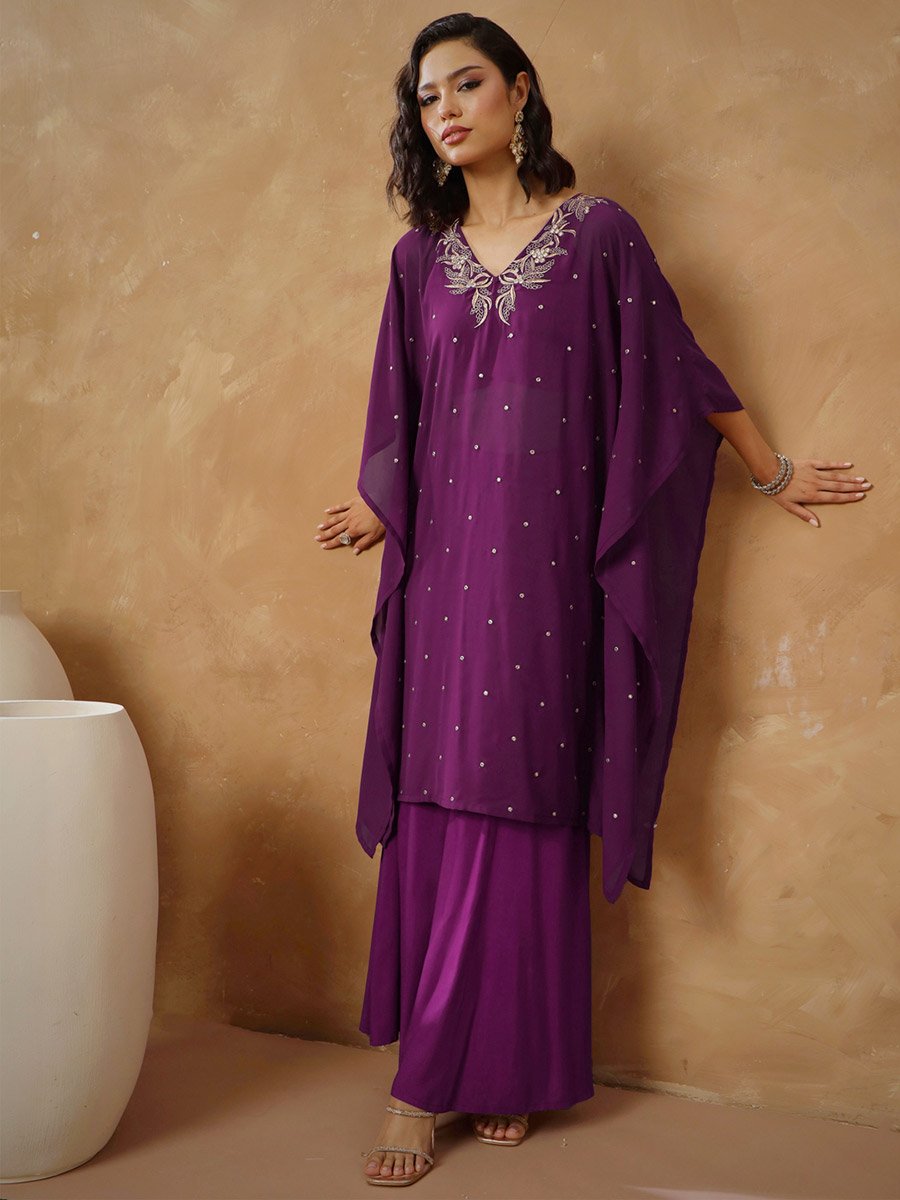 Purple Embroidered Kaftan and Wide Leg Pants Set
