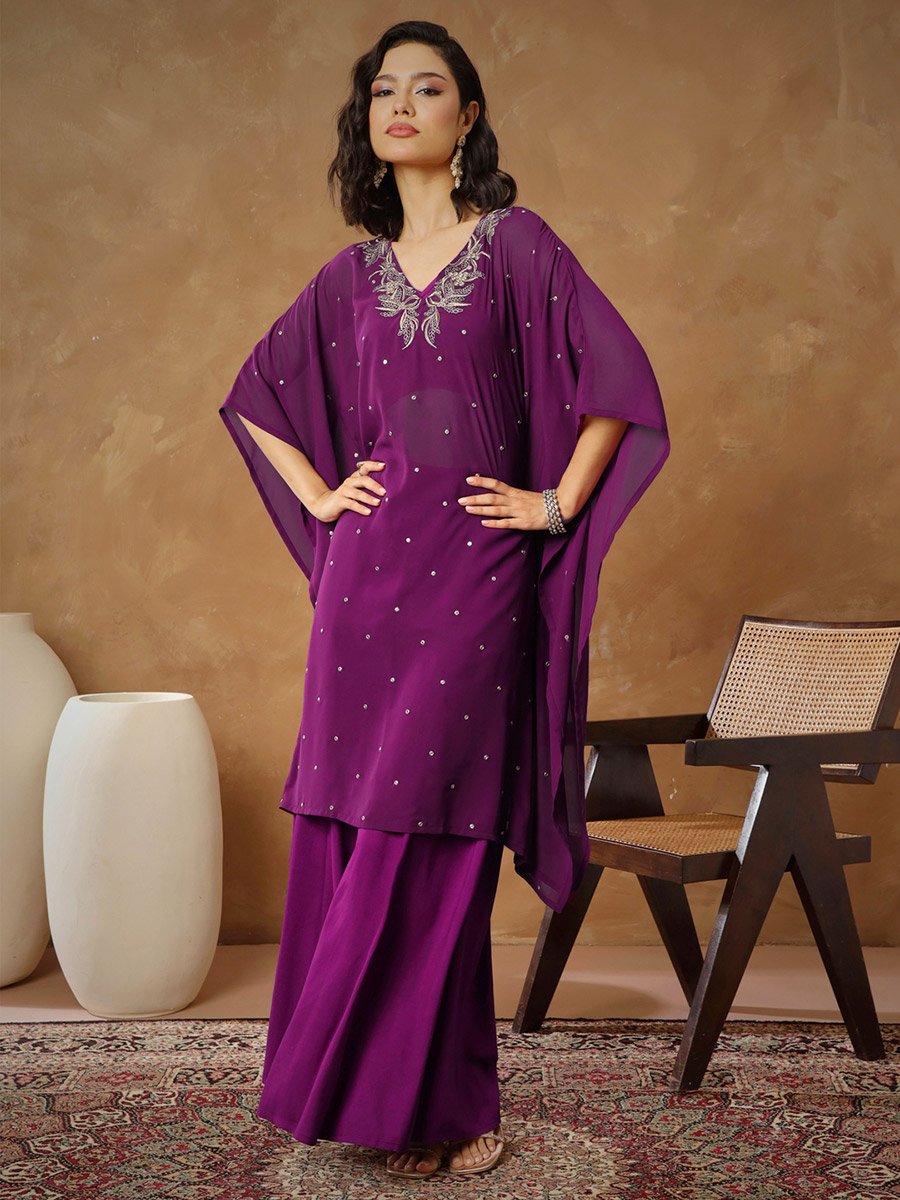 Purple Embroidered Kaftan and Wide Leg Pants Set