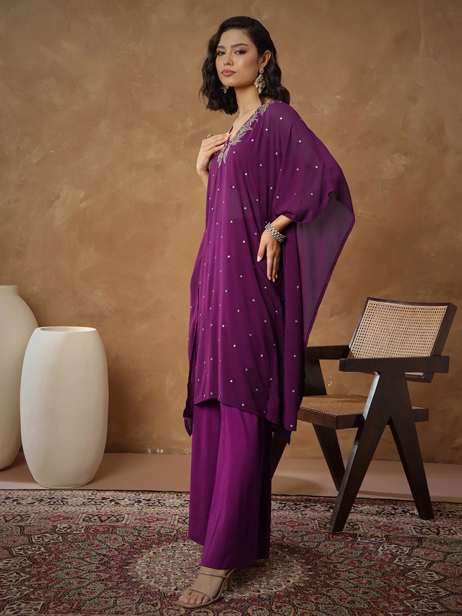 Purple Embroidered Kaftan and Wide Leg Pants Set