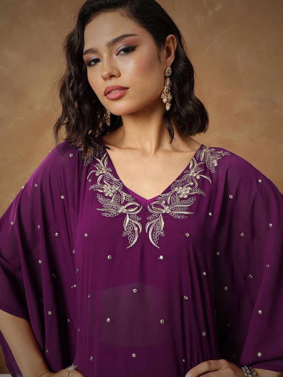 Purple Embroidered Kaftan and Wide Leg Pants Set