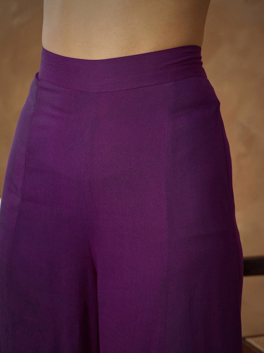 Purple Embroidered Kaftan and Wide Leg Pants Set