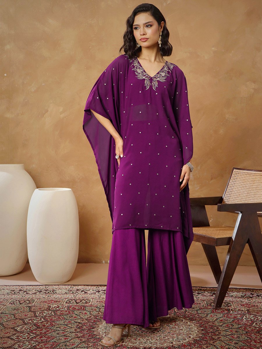 Purple Embroidered Kaftan and Wide Leg Pants Set