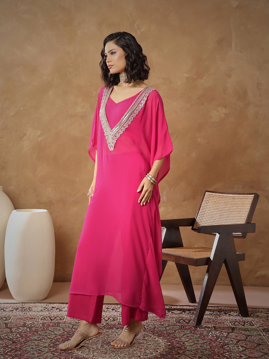 Fuchsia Embroidered Kaftan, Cami and Straight Pants Set