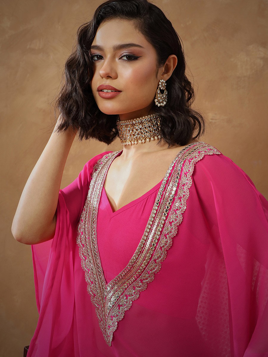 Fuchsia Embroidered Kaftan, Cami and Straight Pants Set