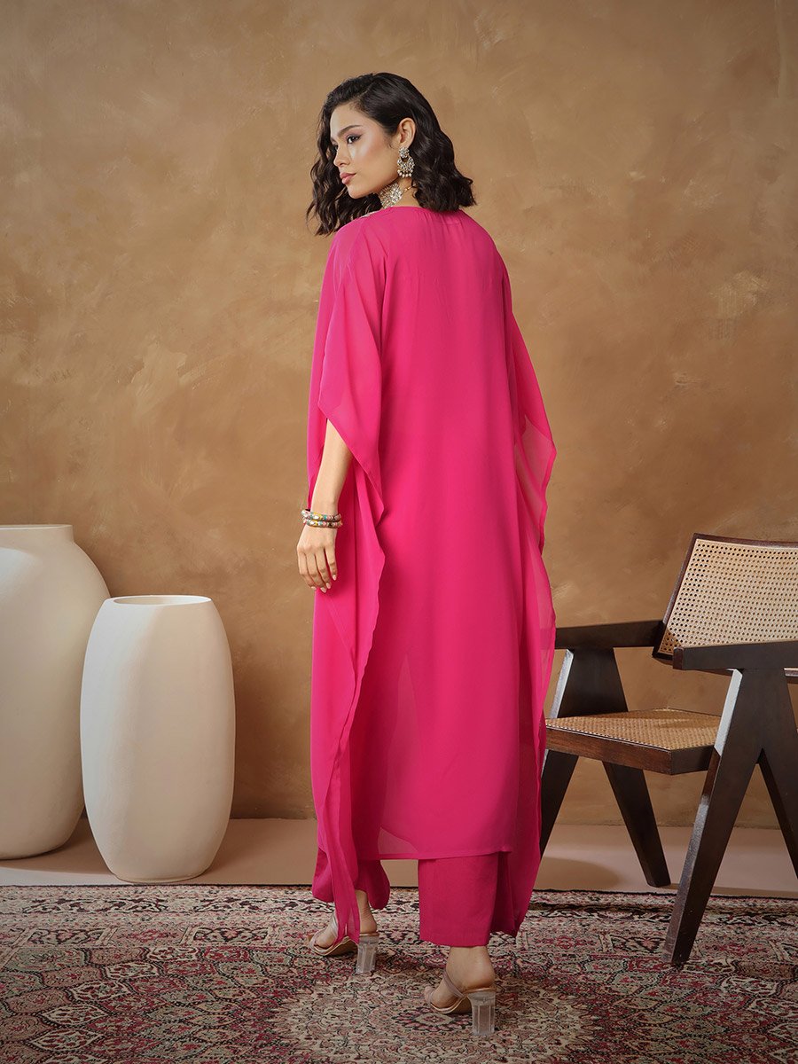 Fuchsia Embroidered Kaftan, Cami and Straight Pants Set