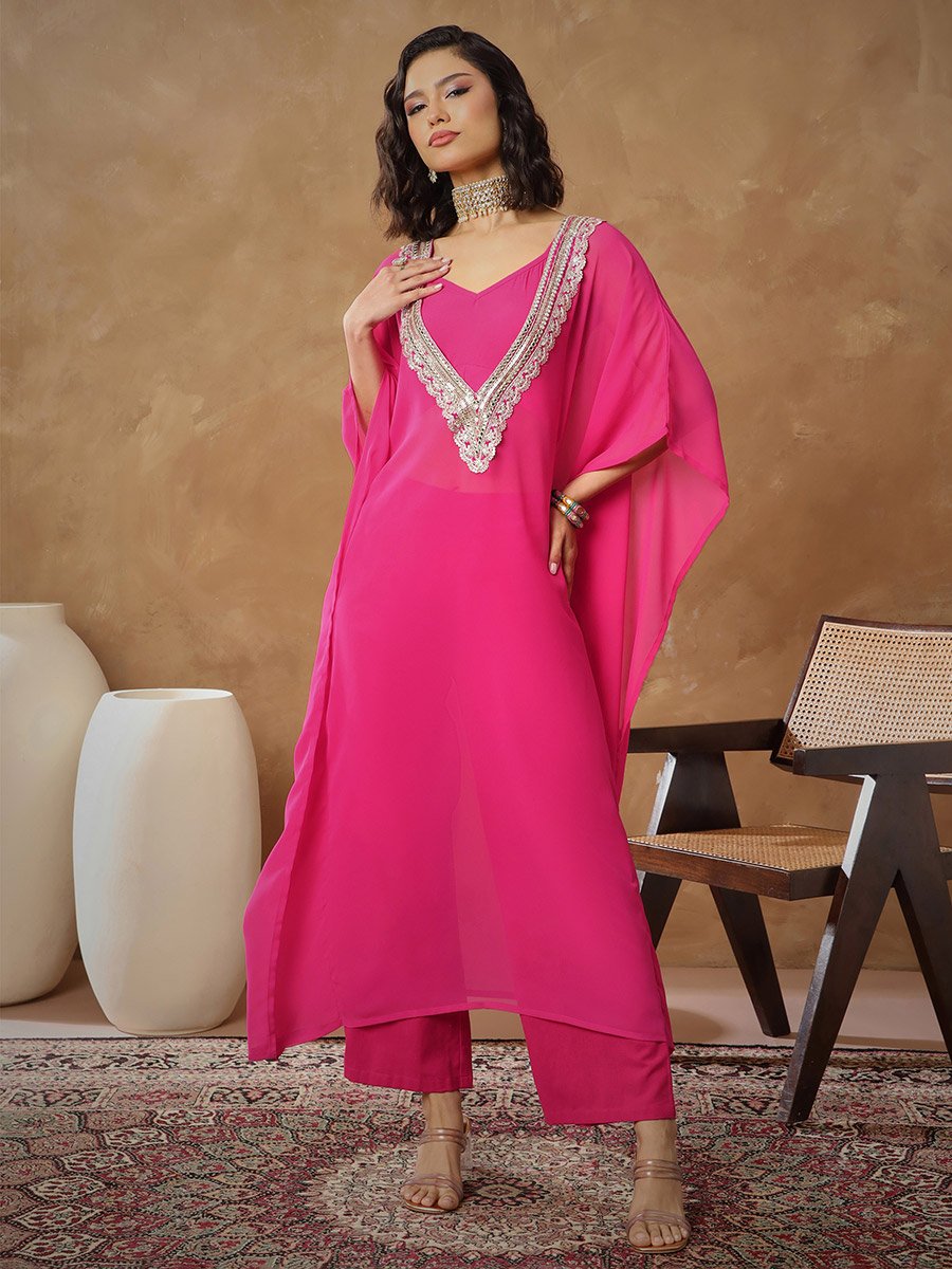 Fuchsia Embroidered Kaftan, Cami and Straight Pants Set