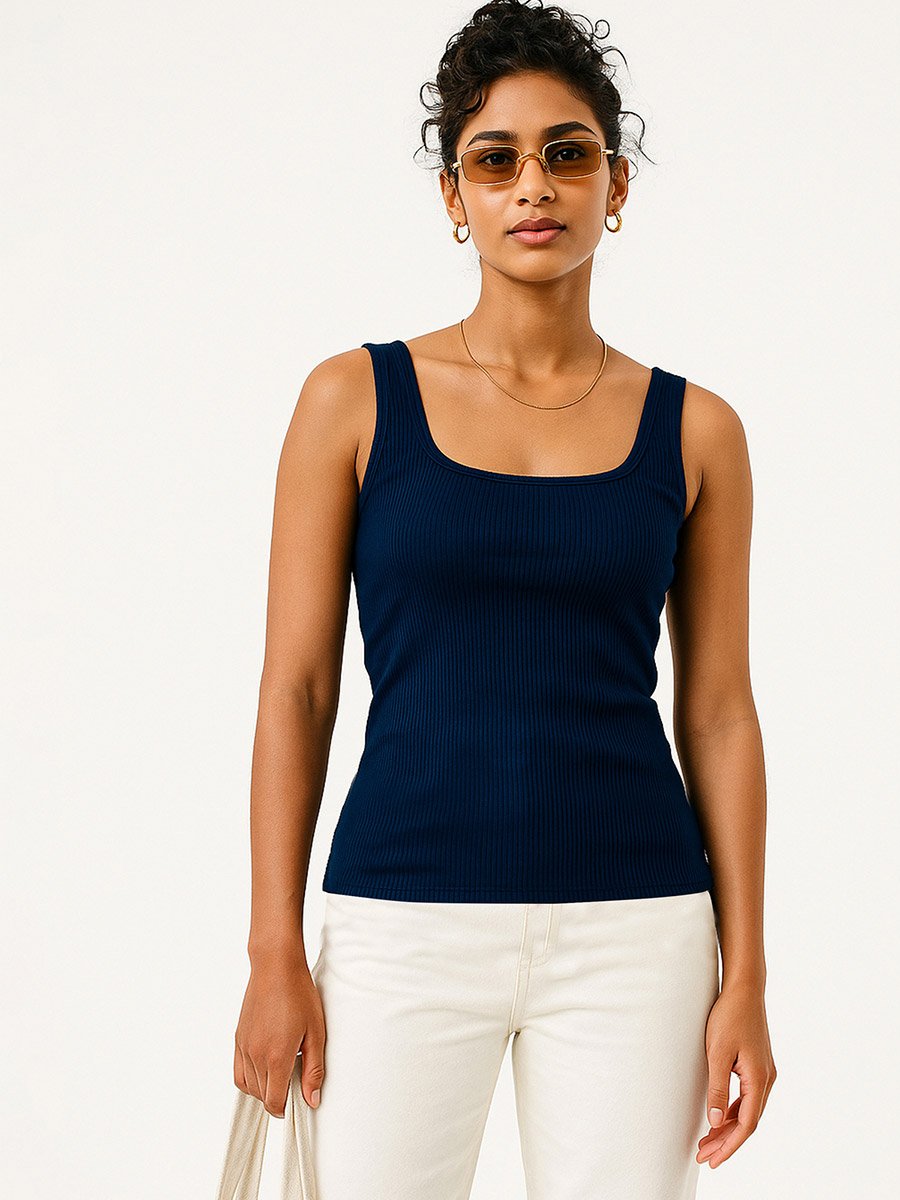 Women Navy Blue Rib Sleeveless Top