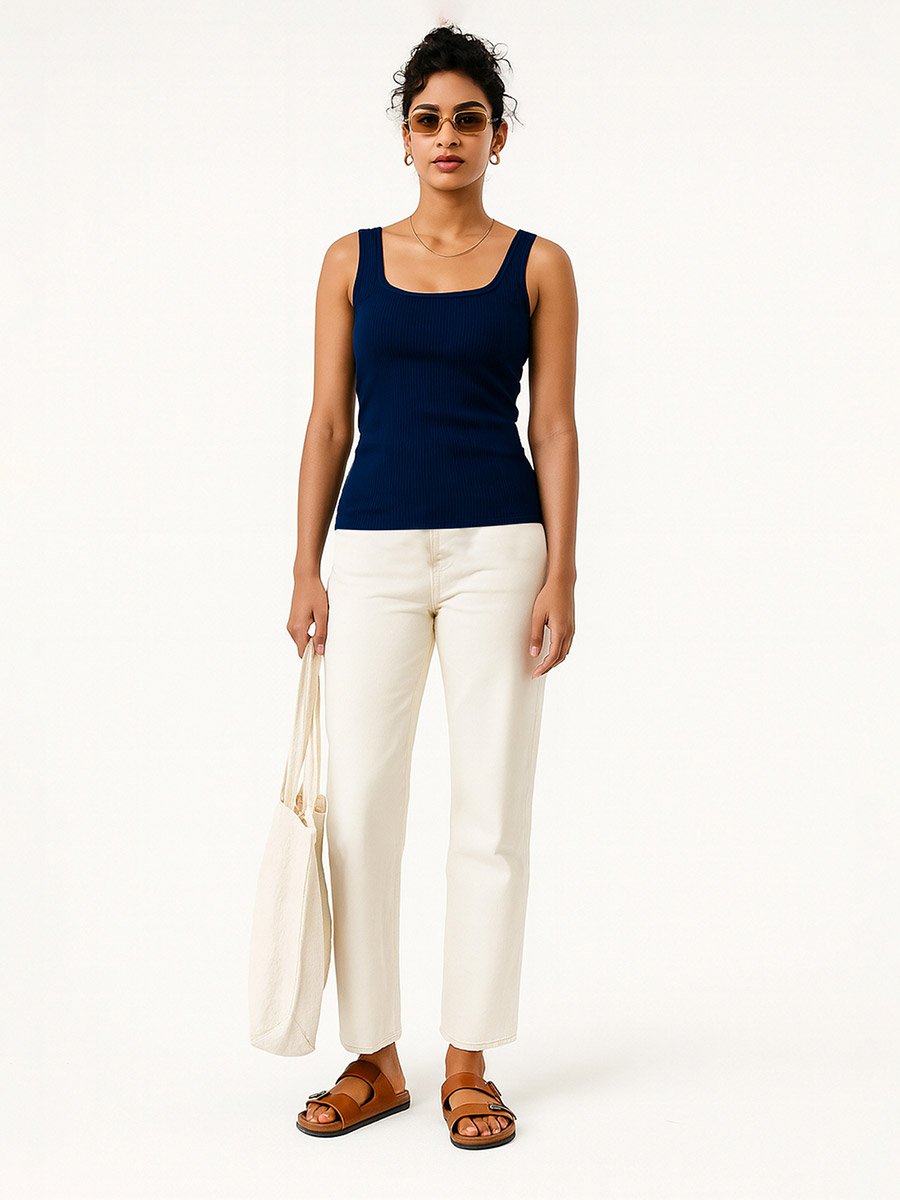 Women Navy Blue Rib Sleeveless Top