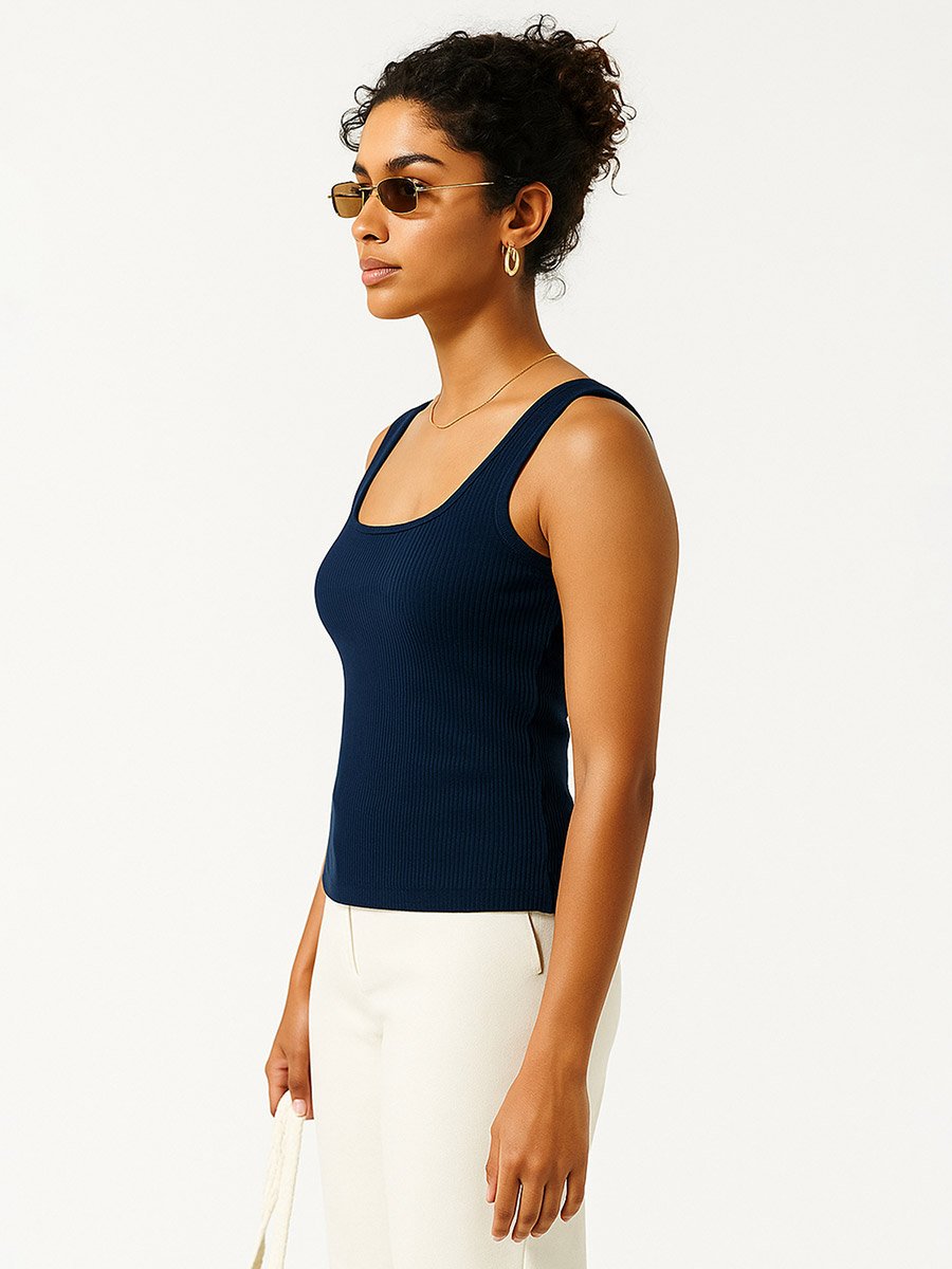 Women Navy Blue Rib Sleeveless Top