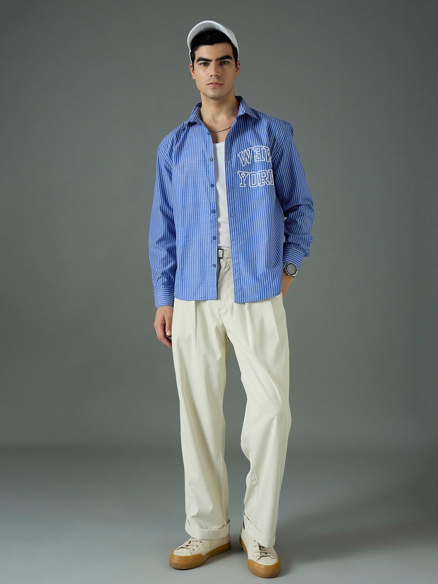 Navy Blue Striped Relaxed Fit Shirt with New York Print