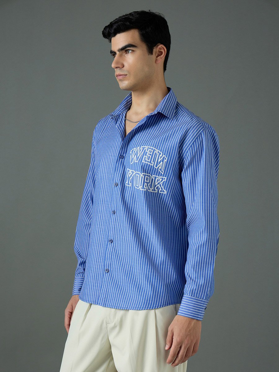 Navy Blue Striped Relaxed Fit Shirt with New York Print