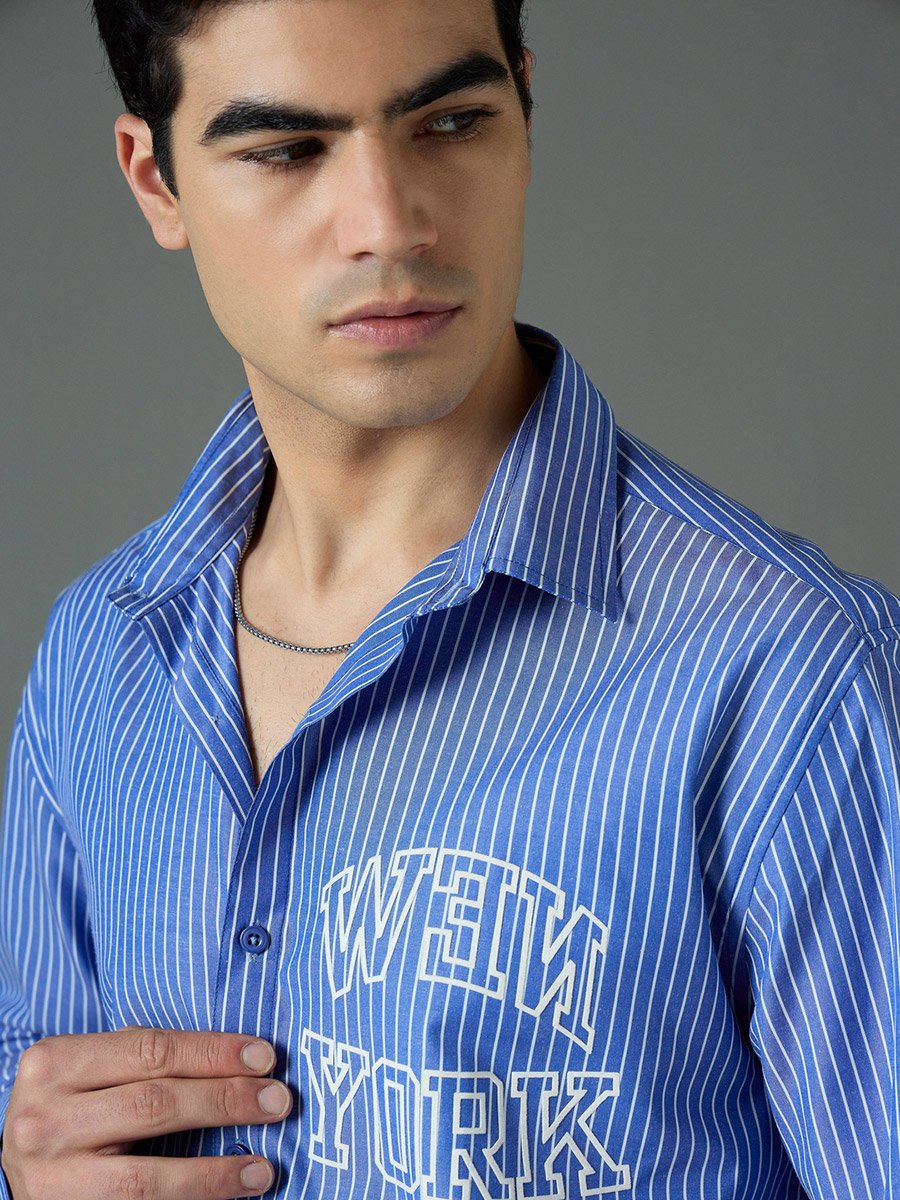 Navy Blue Striped Relaxed Fit Shirt with New York Print
