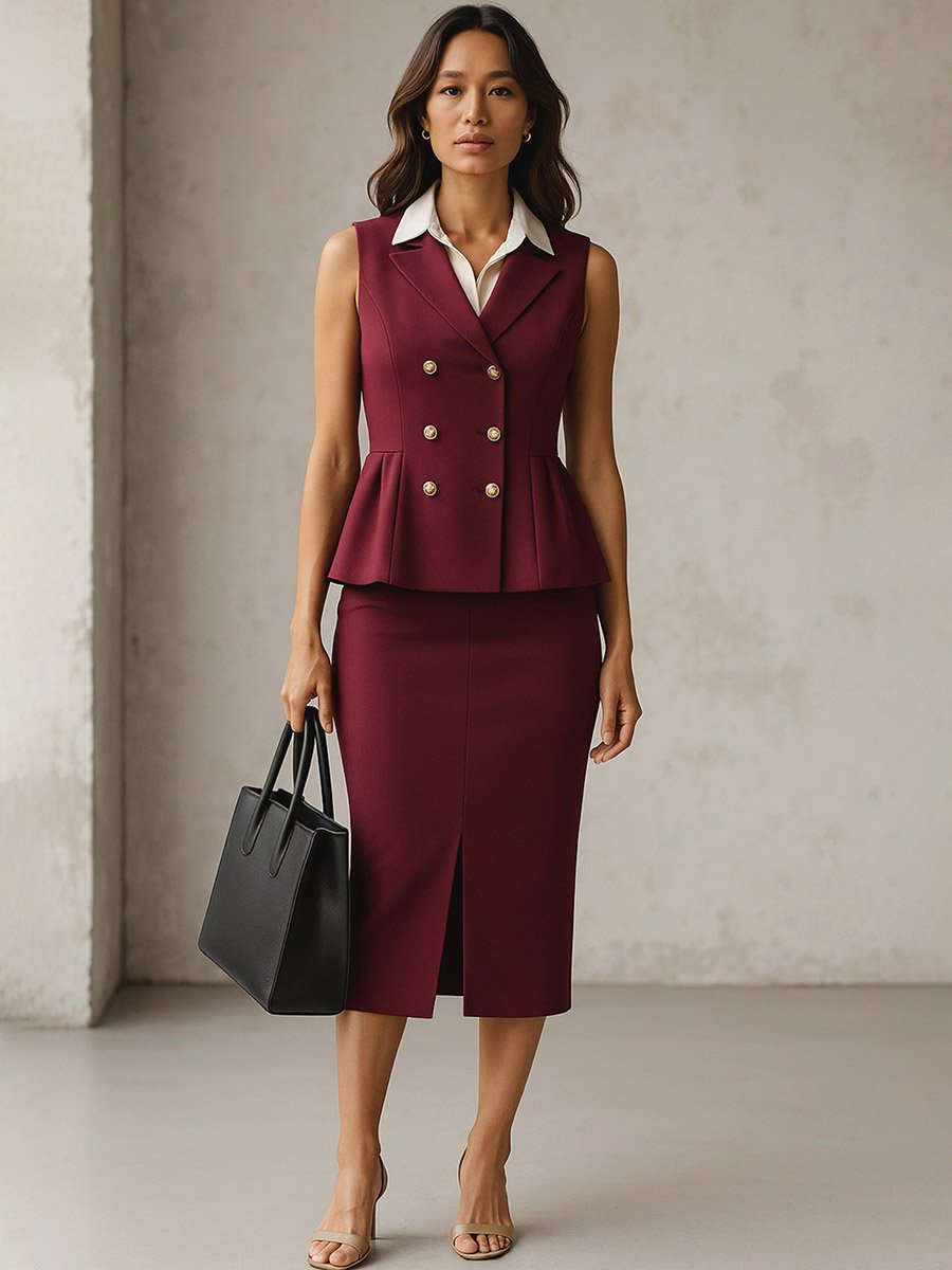 Burgundy Sleeveless Button Waistcoat and Skirt Co-Ords