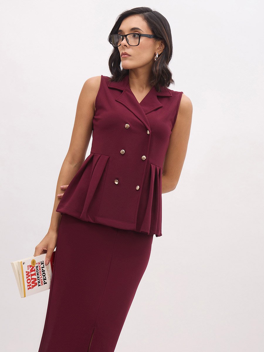Burgundy Sleeveless Button Waistcoat and Skirt Co-Ords