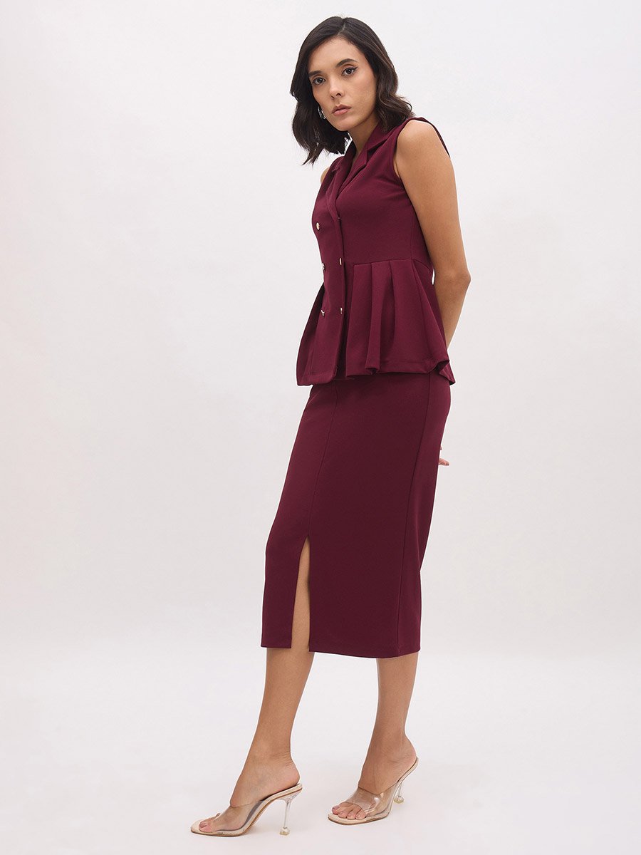 Burgundy Sleeveless Button Waistcoat and Skirt Co-Ords