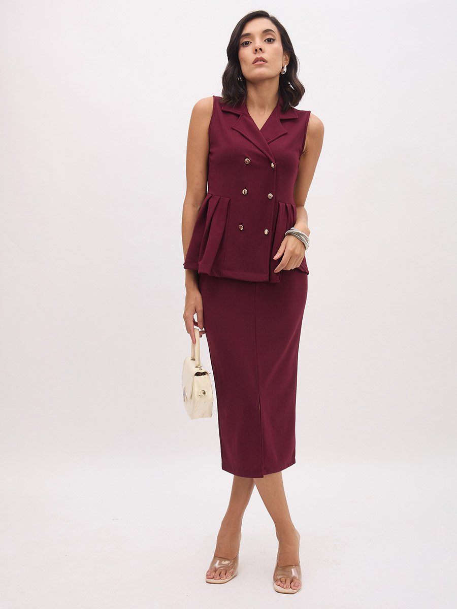 Burgundy Sleeveless Button Waistcoat and Skirt Co-Ords
