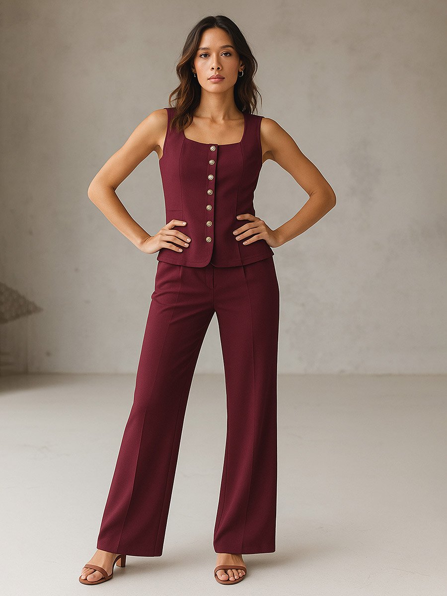 Burgundy Square Neck Waistcoat and Pants Co-Ords Set