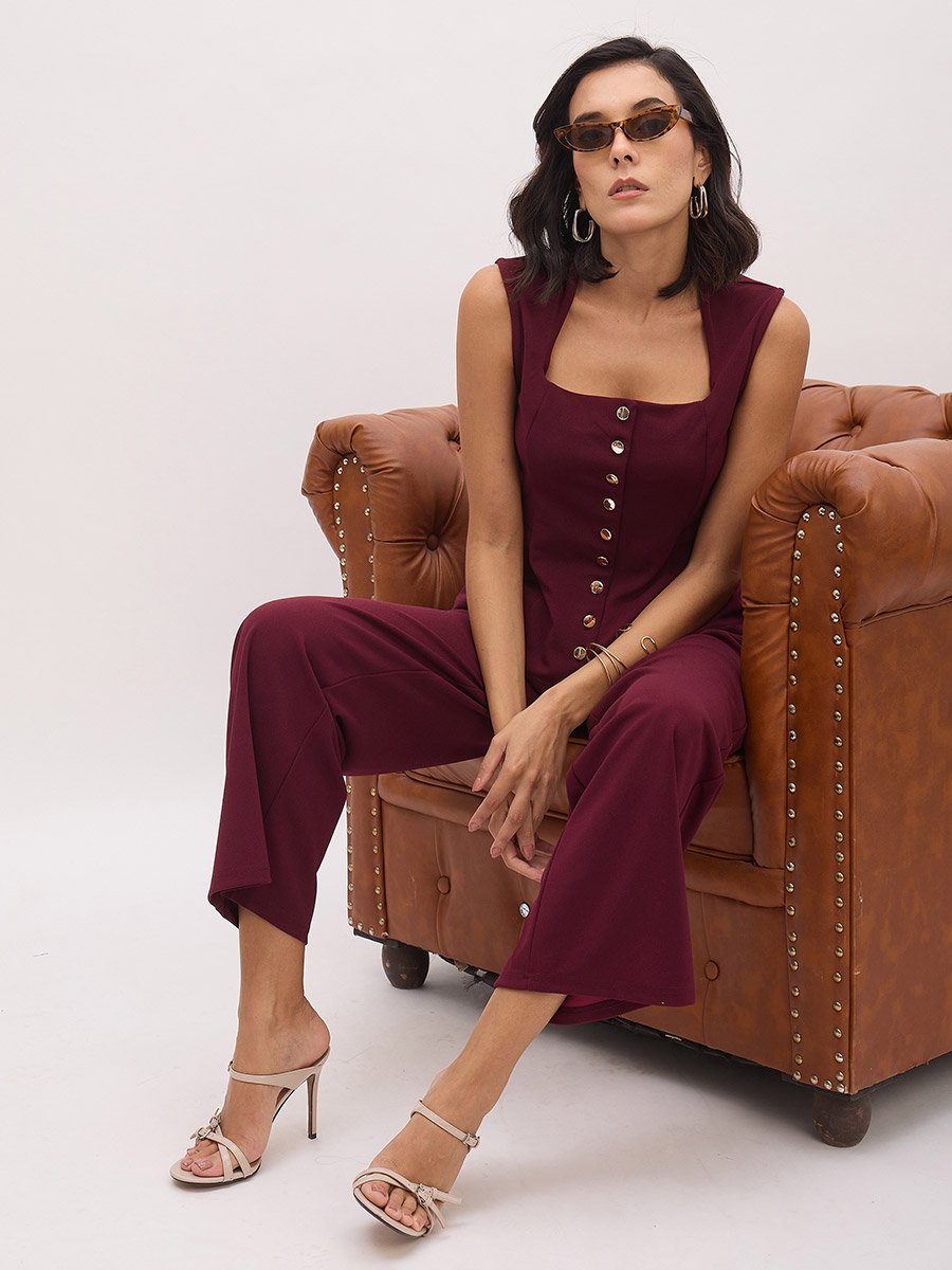 Burgundy Square Neck Waistcoat and Pants Co-Ords Set