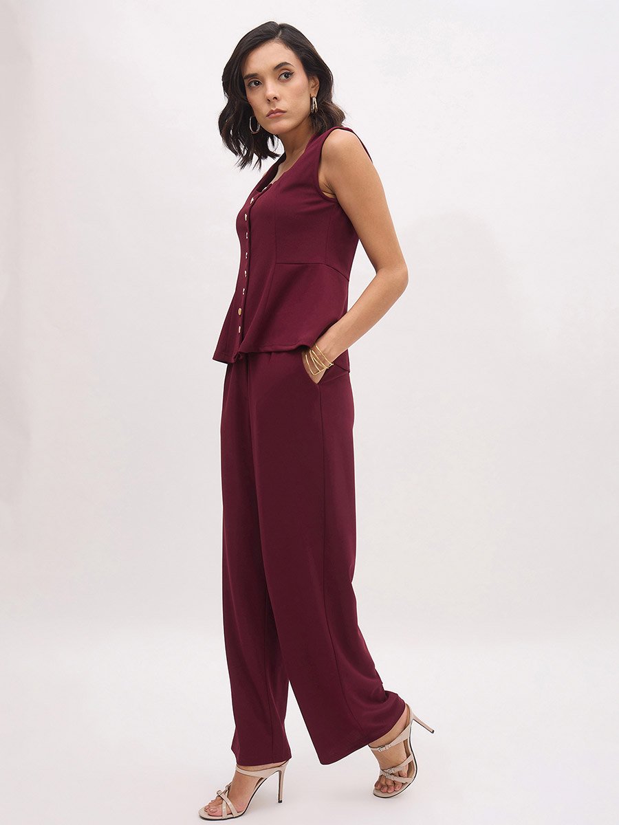 Burgundy Square Neck Waistcoat and Pants Co-Ords Set