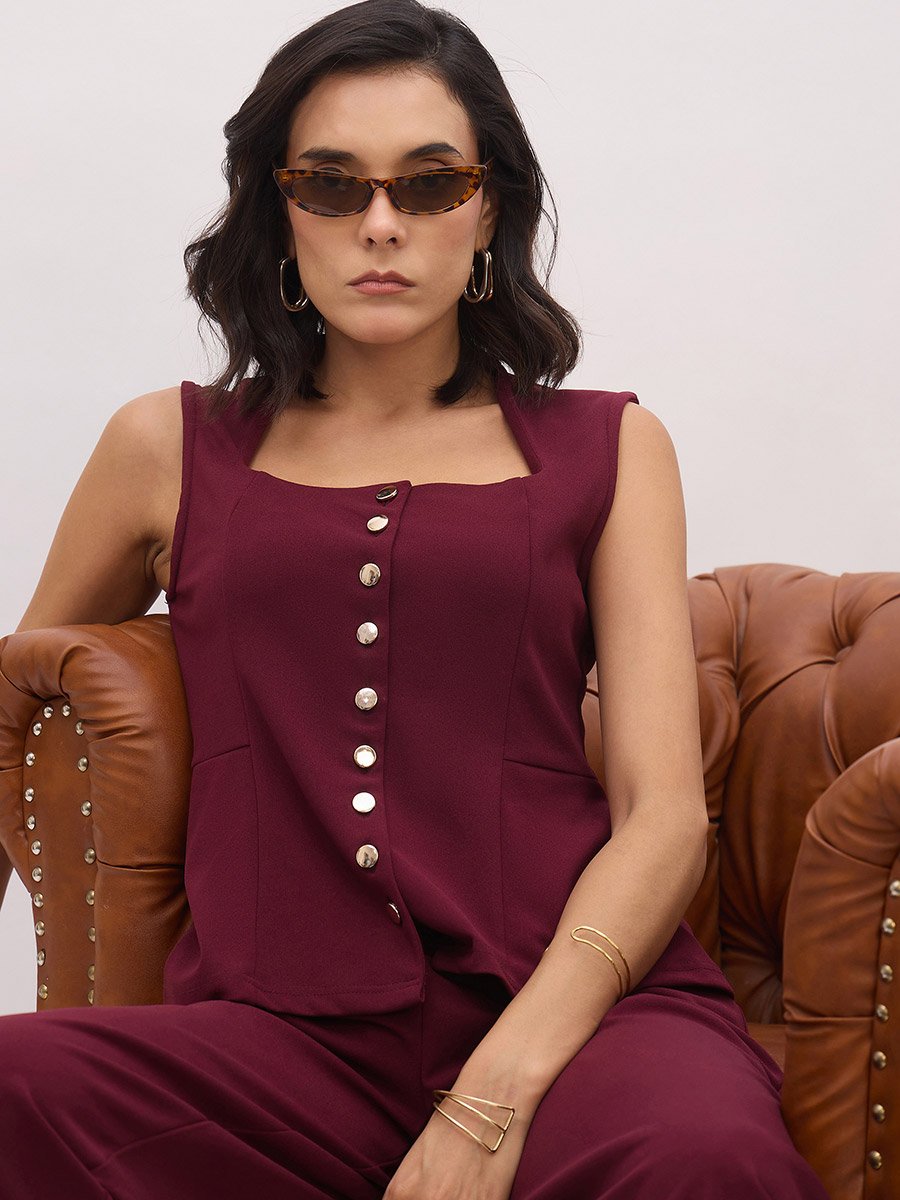 Burgundy Square Neck Waistcoat and Pants Co-Ords Set