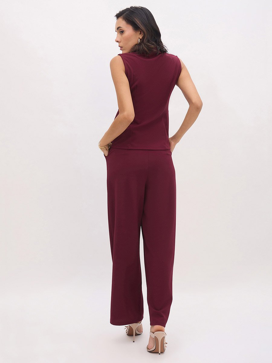 Burgundy Square Neck Waistcoat and Pants Co-Ords Set