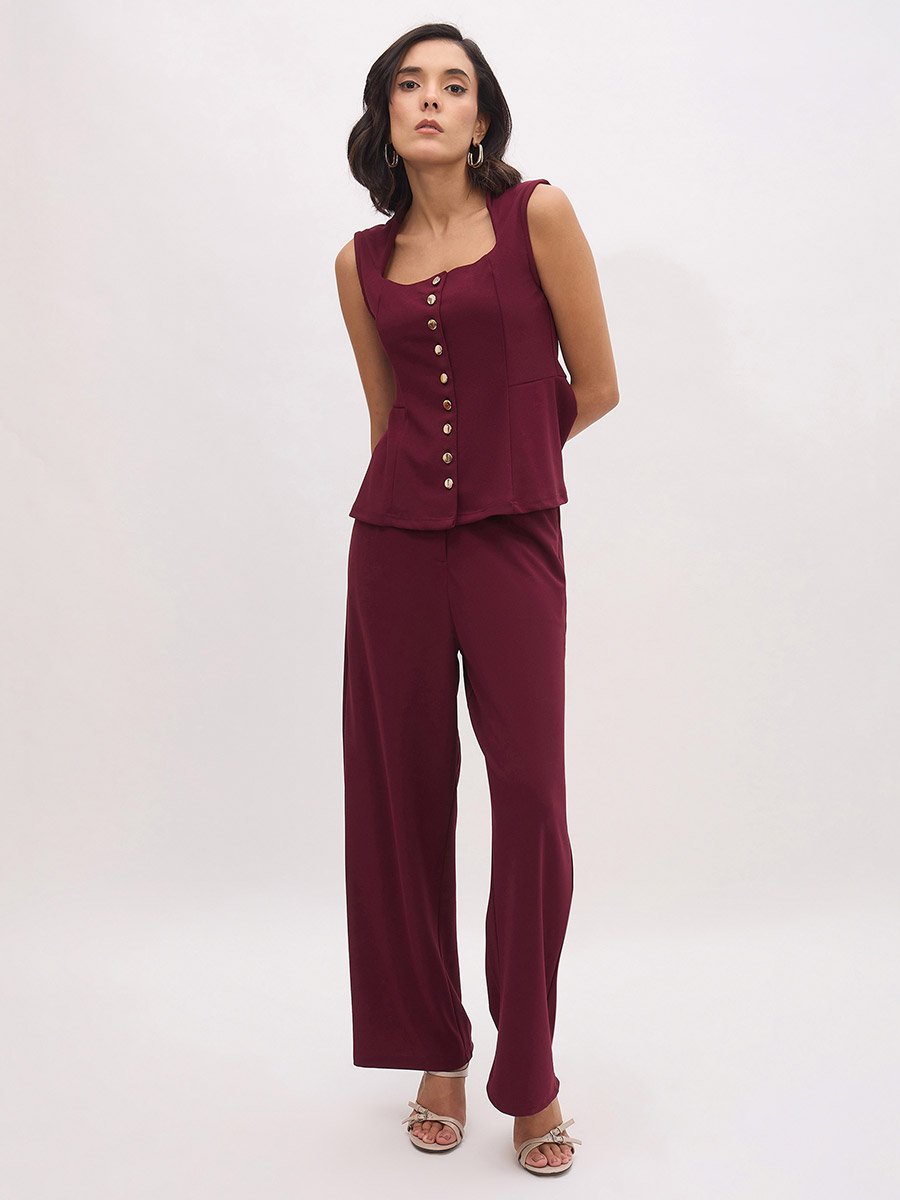 Burgundy Square Neck Waistcoat and Pants Co-Ords Set