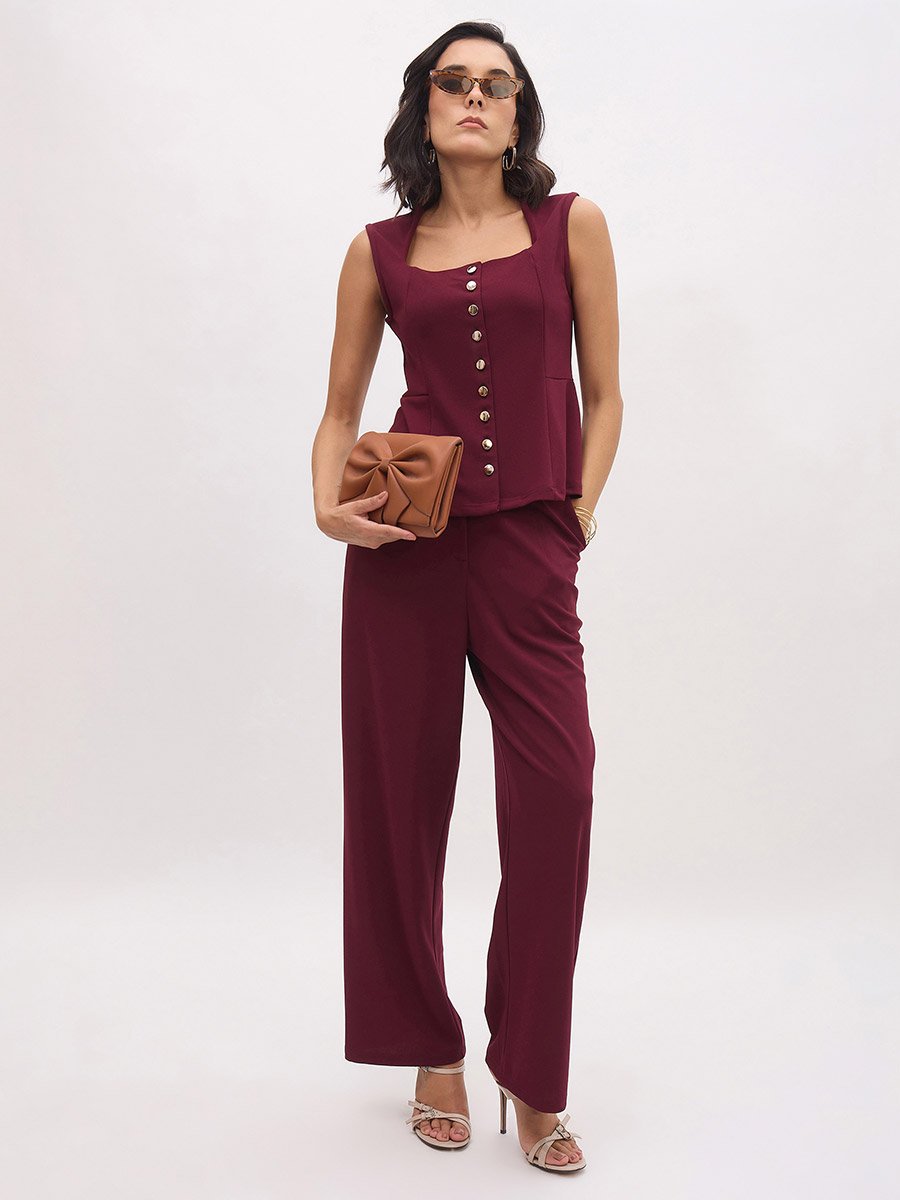Burgundy Square Neck Waistcoat and Pants Co-Ords Set