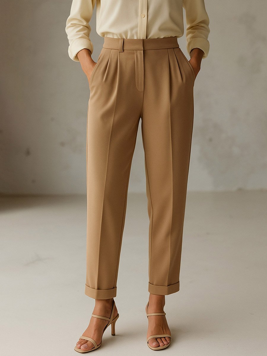 Beige Cross Pocket Turn-Up Hem Straight Pants
