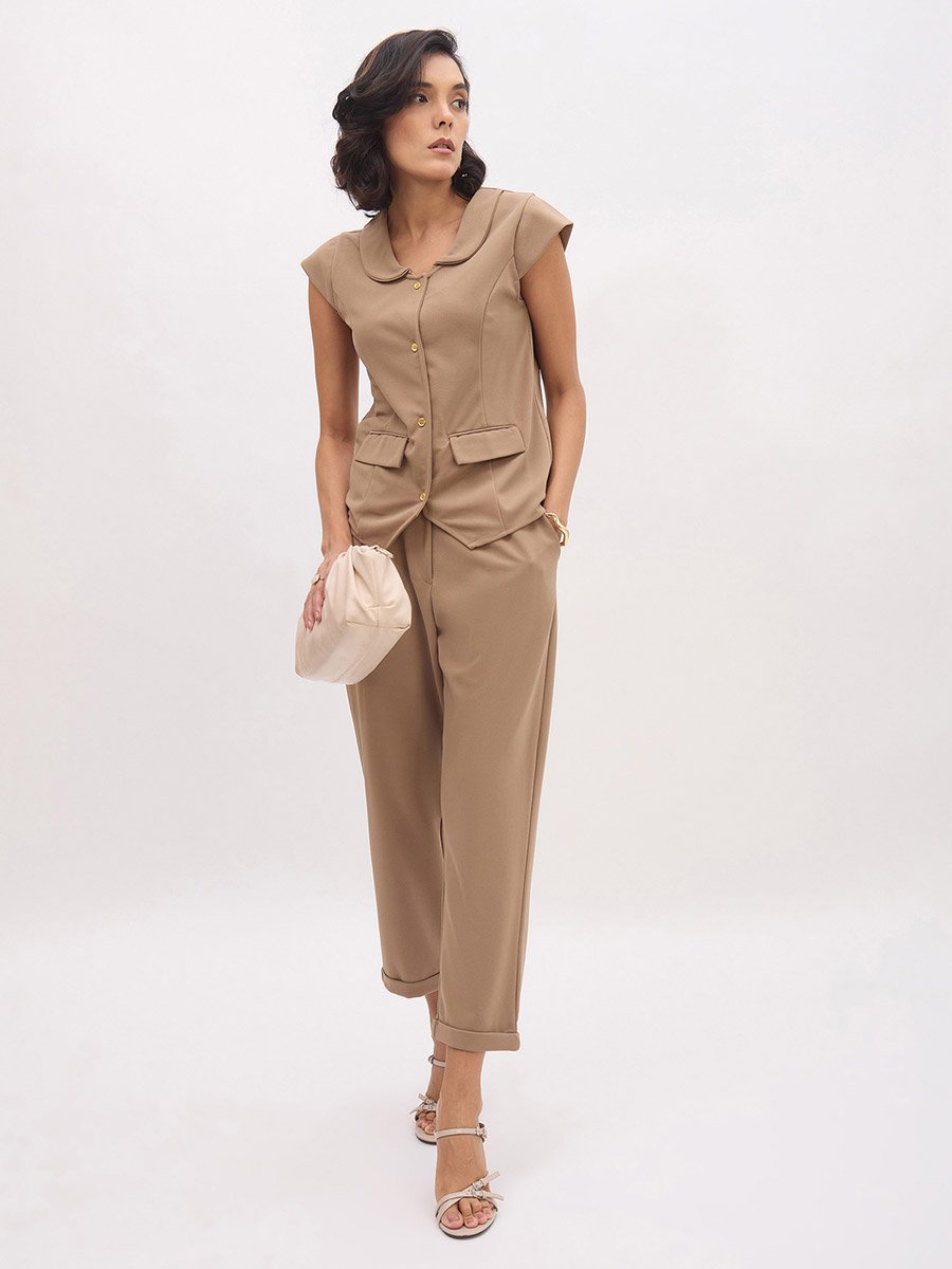 Beige Cross Pocket Turn-Up Hem Straight Pants
