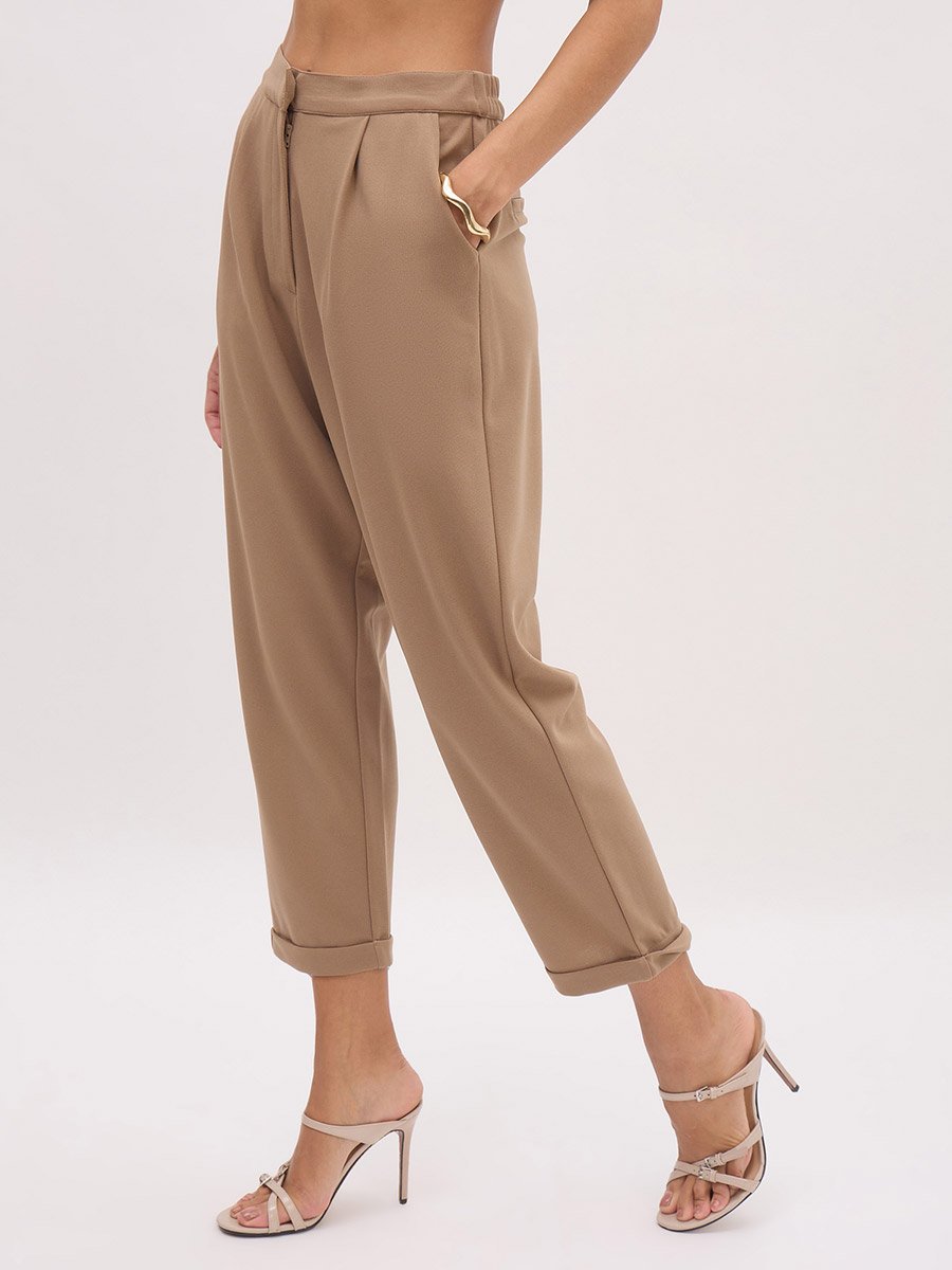 Beige Cross Pocket Turn-Up Hem Straight Pants