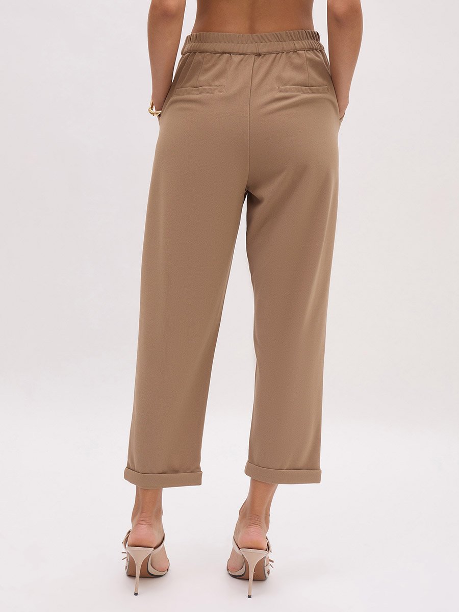 Beige Cross Pocket Turn-Up Hem Straight Pants