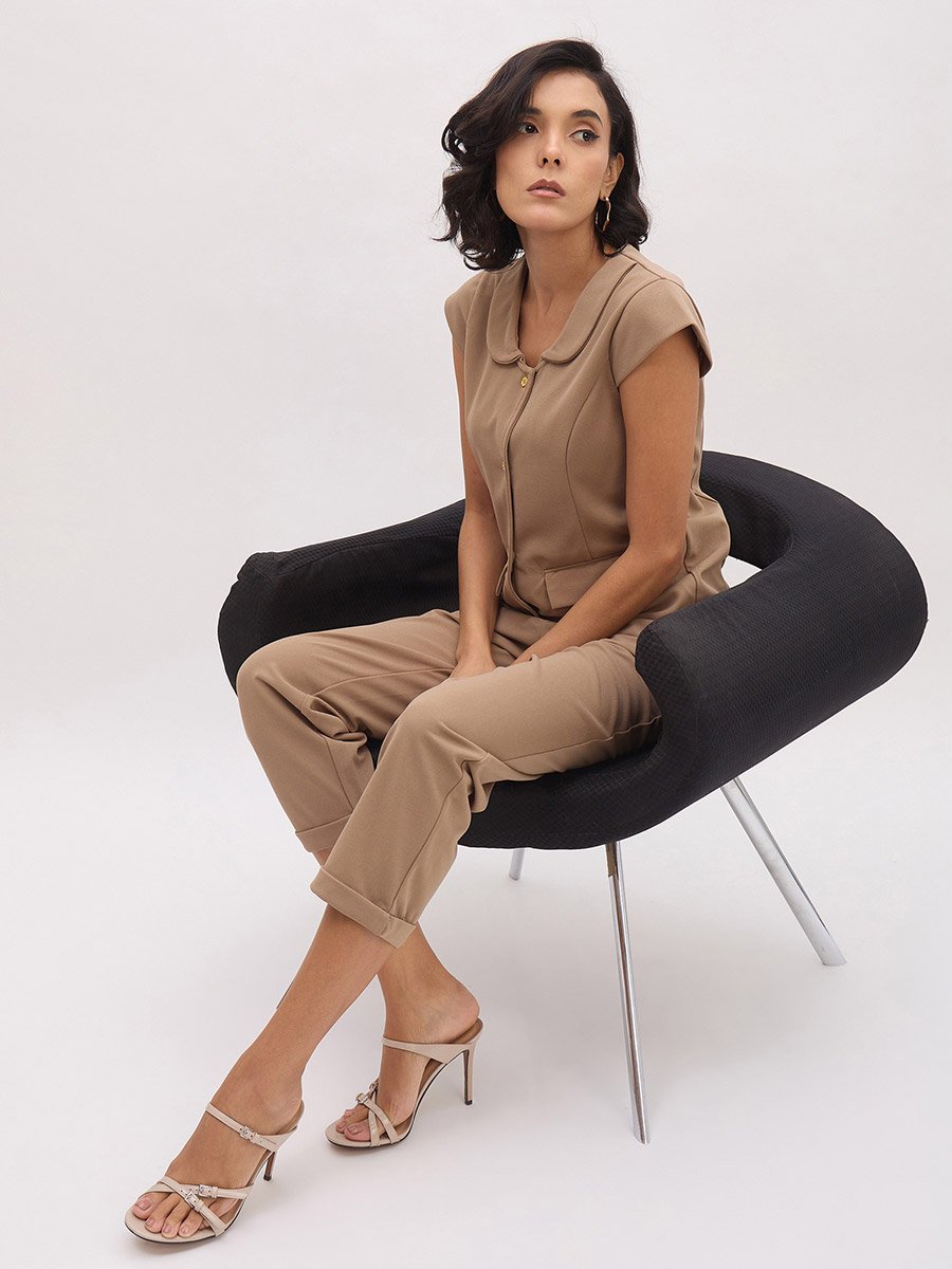 Beige Cross Pocket Turn-Up Hem Straight Pants