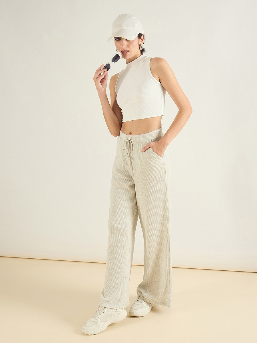 Women Grey Ribbed Wide Leg Lounge Pants