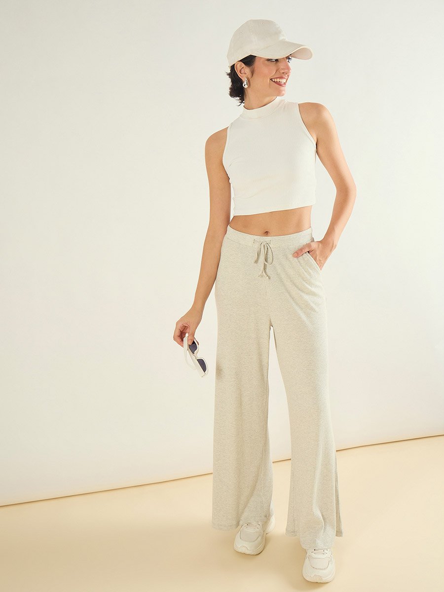 Women Grey Ribbed Wide Leg Lounge Pants