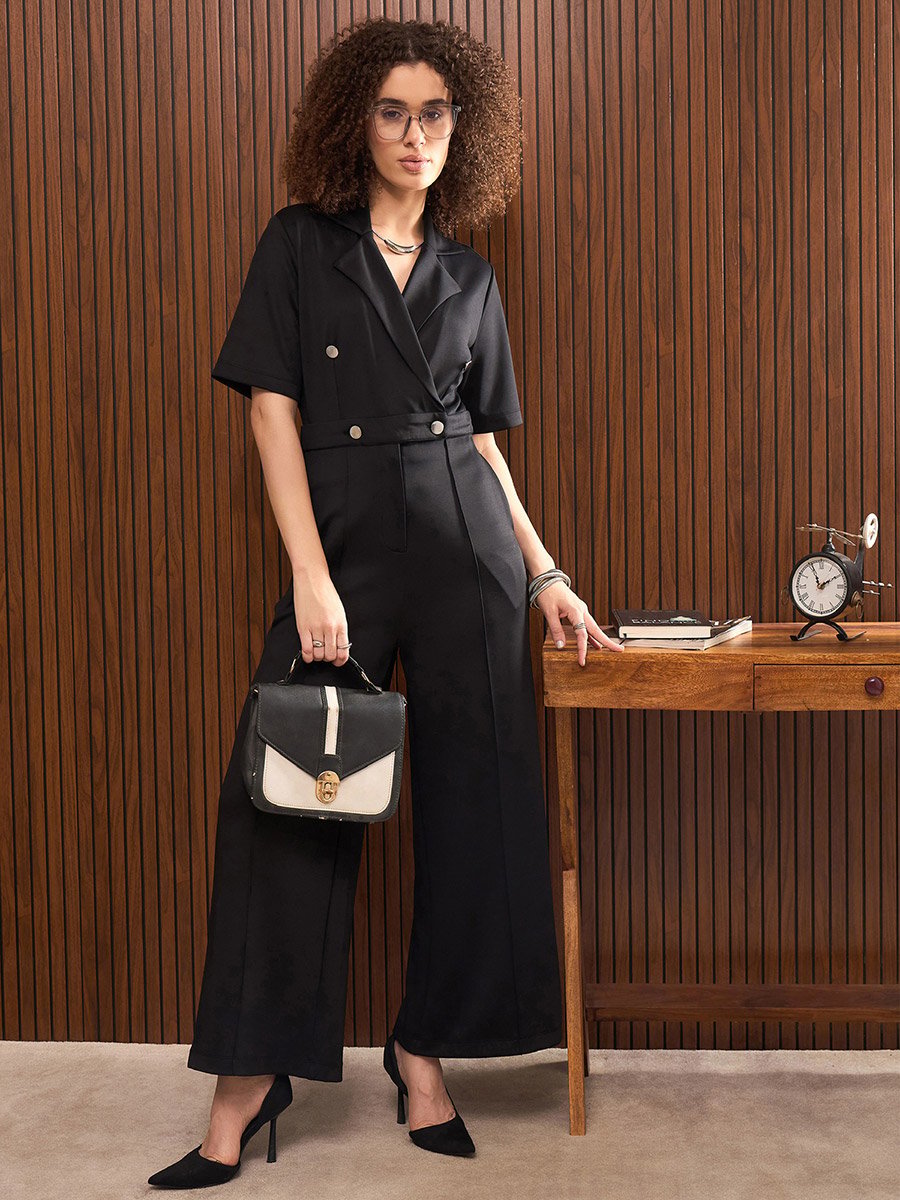 Women Black Straight Leg Buttoned Jumpsuit