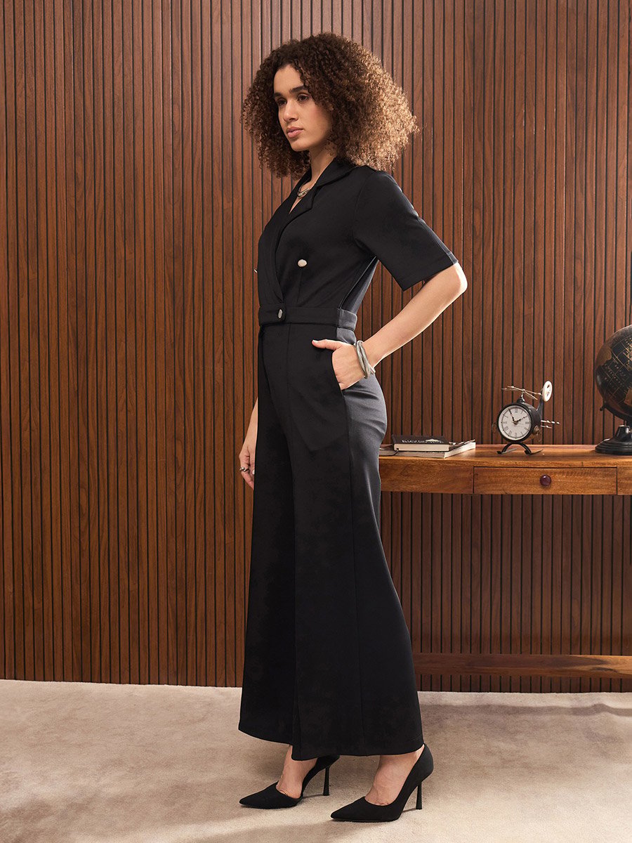 Women Black Straight Leg Buttoned Jumpsuit