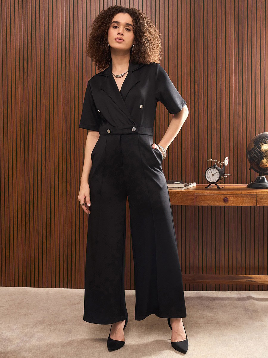 Women Black Straight Leg Buttoned Jumpsuit