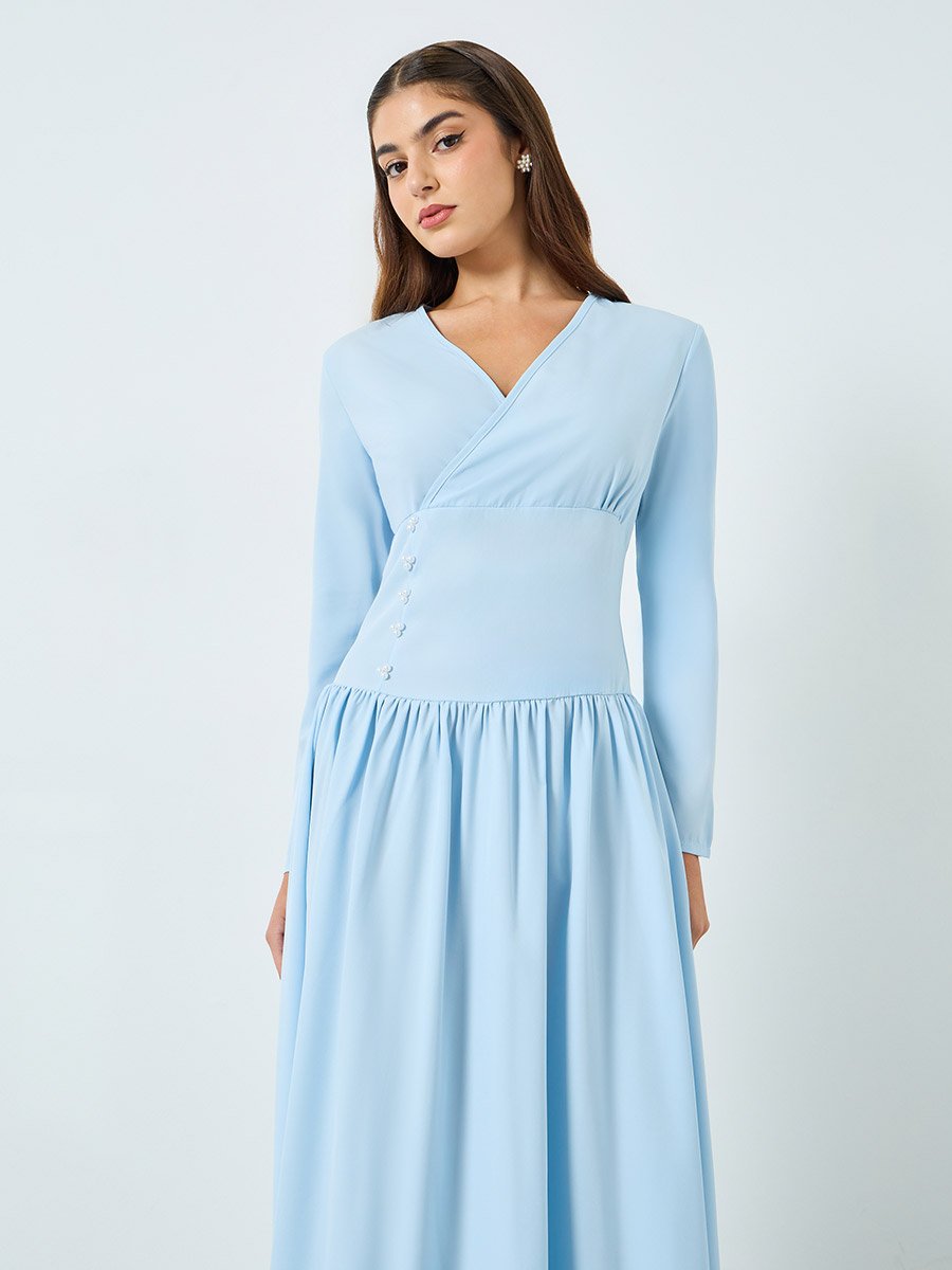 Women Blue V-Neck A-Line Maxi Dress