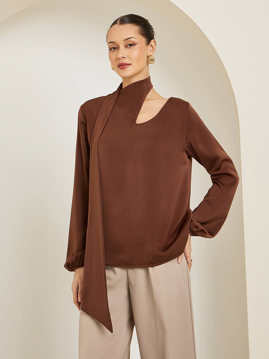 Women Brown Asymmetric Neck Blouse