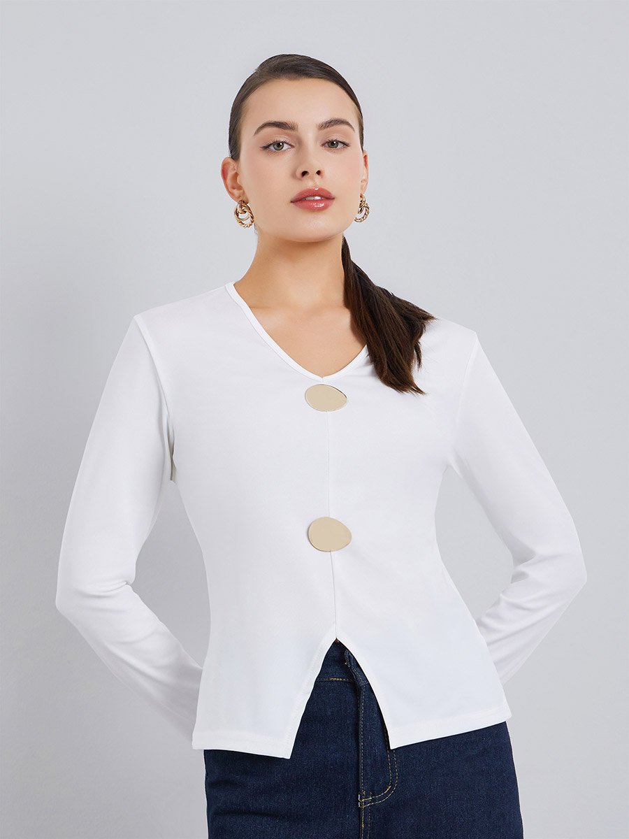 Women White Long Sleeve Blouse with Buckle Detail