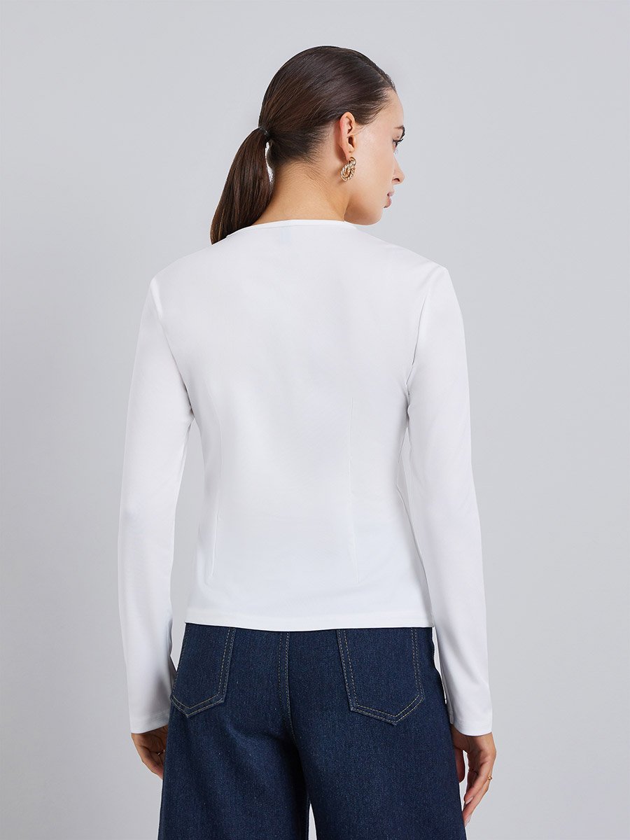 Women White Long Sleeve Blouse with Buckle Detail