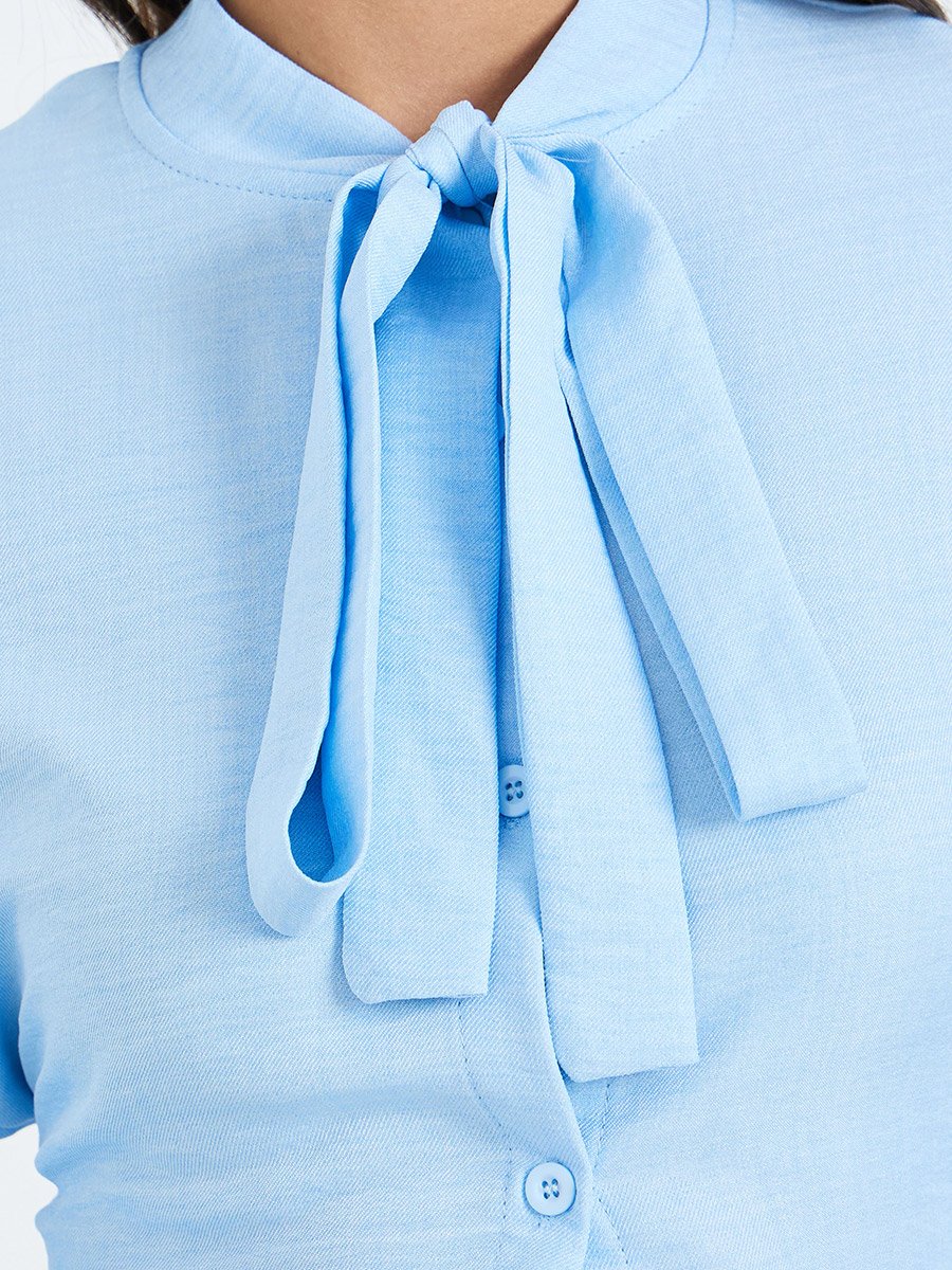 Women Blue Tie-Neck Long Sleeve Shirt