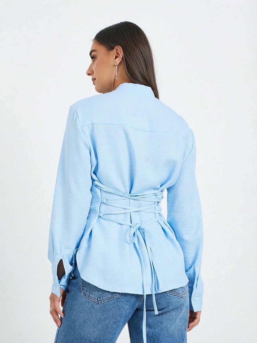 Women Blue Tie-Neck Long Sleeve Shirt