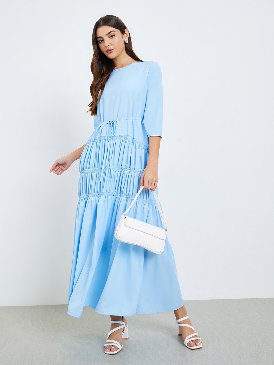 Women Blue Gathered Detail Waist Tie Maxi Dress