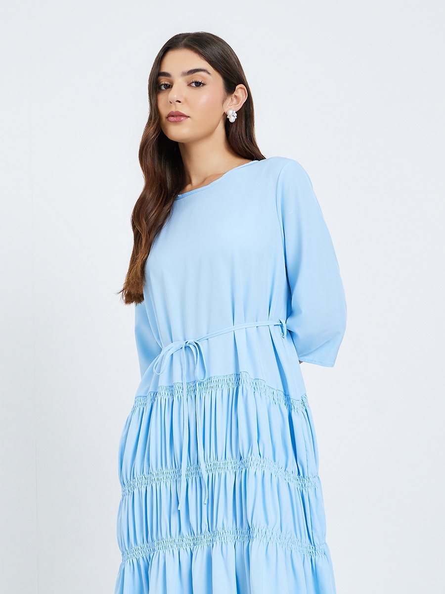 Women Blue Gathered Detail Waist Tie Maxi Dress