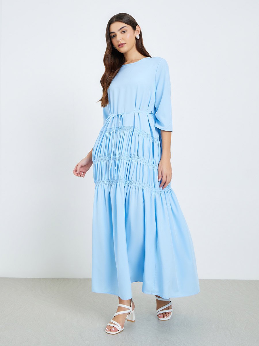 Women Blue Gathered Detail Waist Tie Maxi Dress