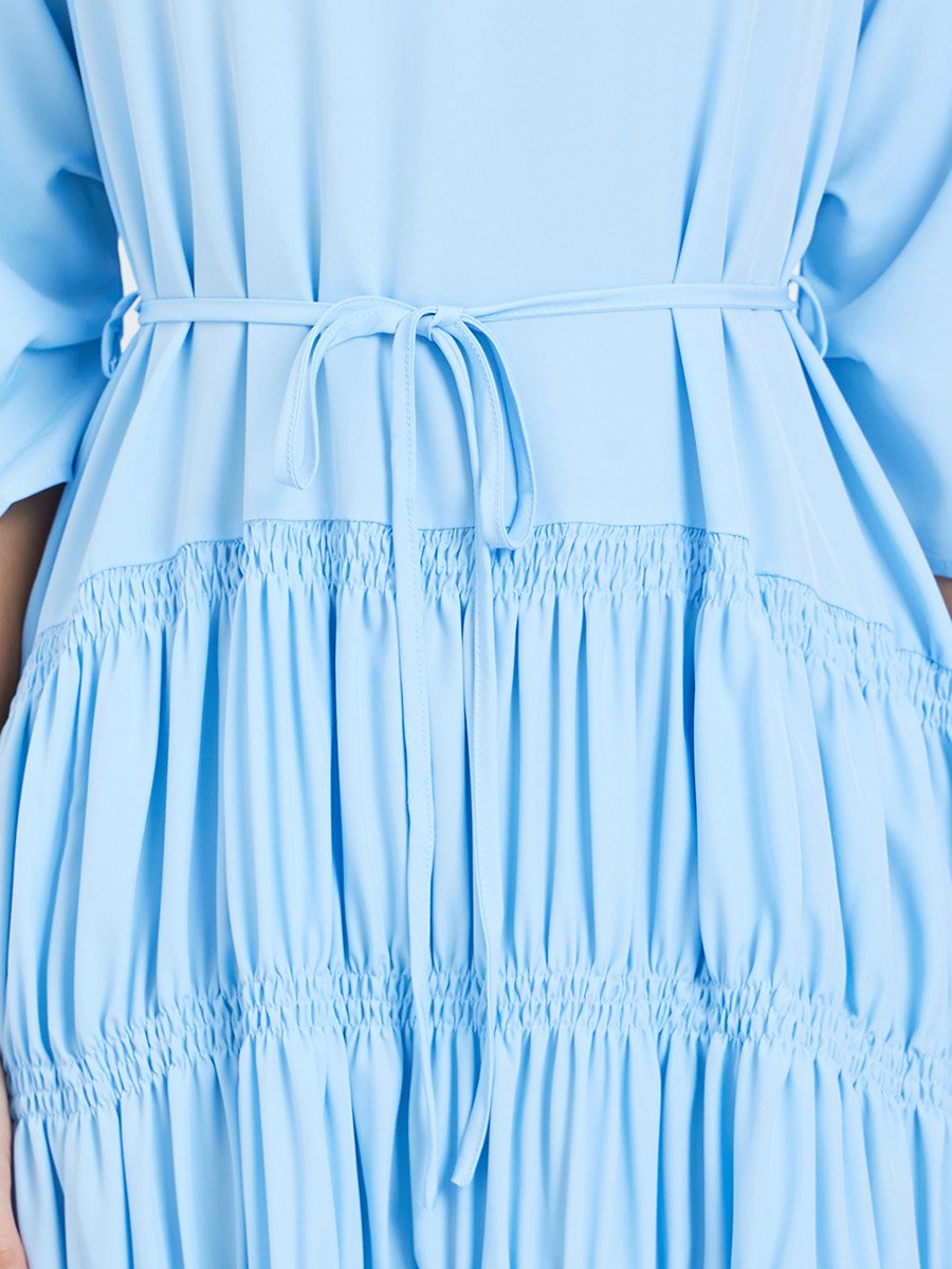 Women Blue Gathered Detail Waist Tie Maxi Dress