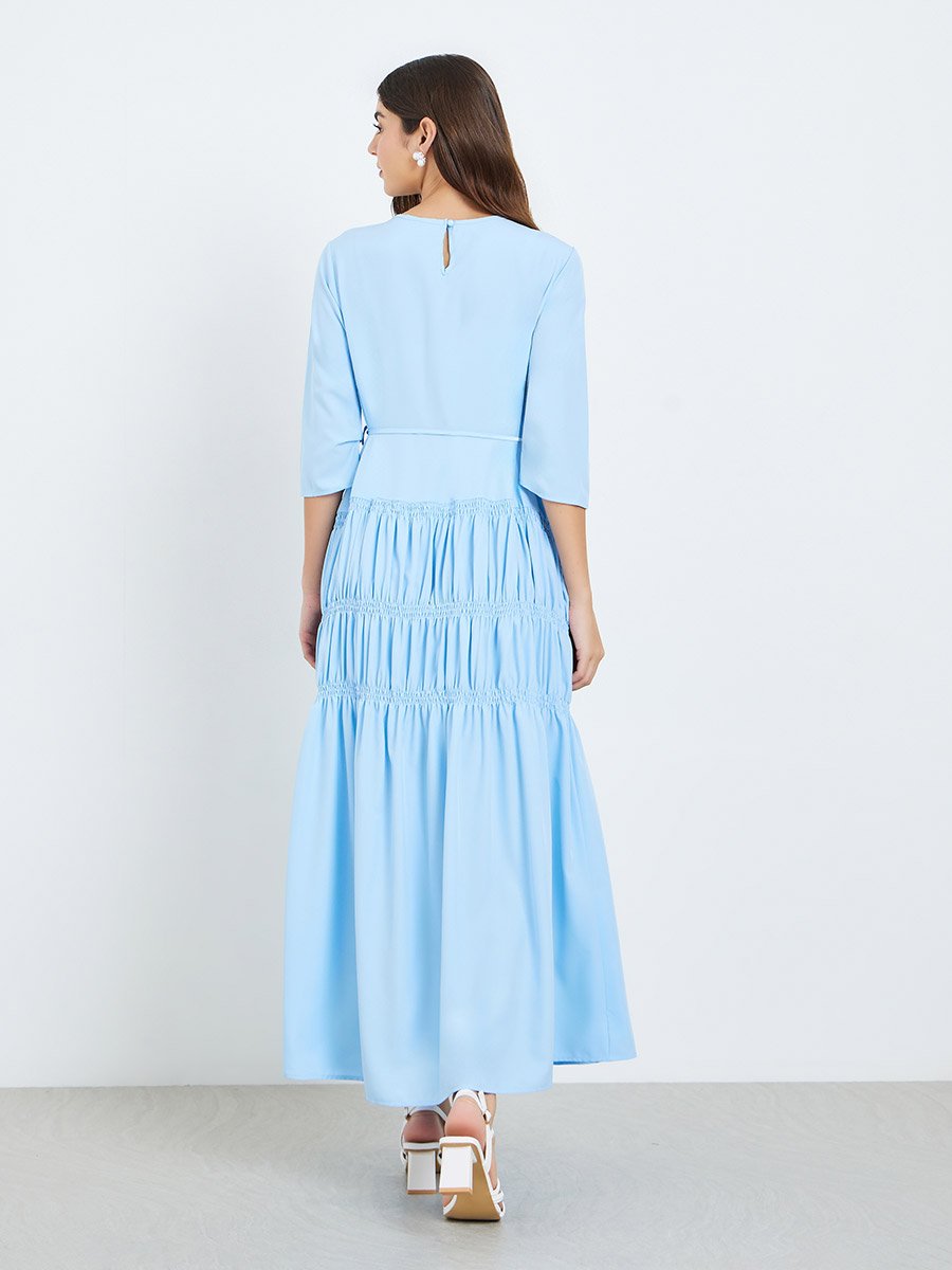 Women Blue Gathered Detail Waist Tie Maxi Dress