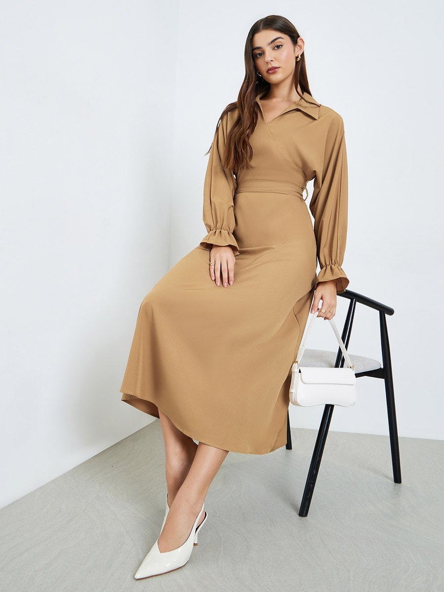 Women Khaki Long Sleeve A-Line Midi Dress For Women at Bahrain | Styli Women Khaki Long Sleeve A-Line Midi Dress For Women at Bahrain | Styli